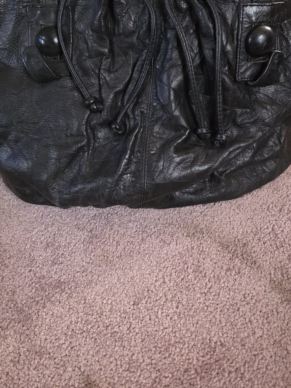 Black Leather Drawstring Hobo Bag